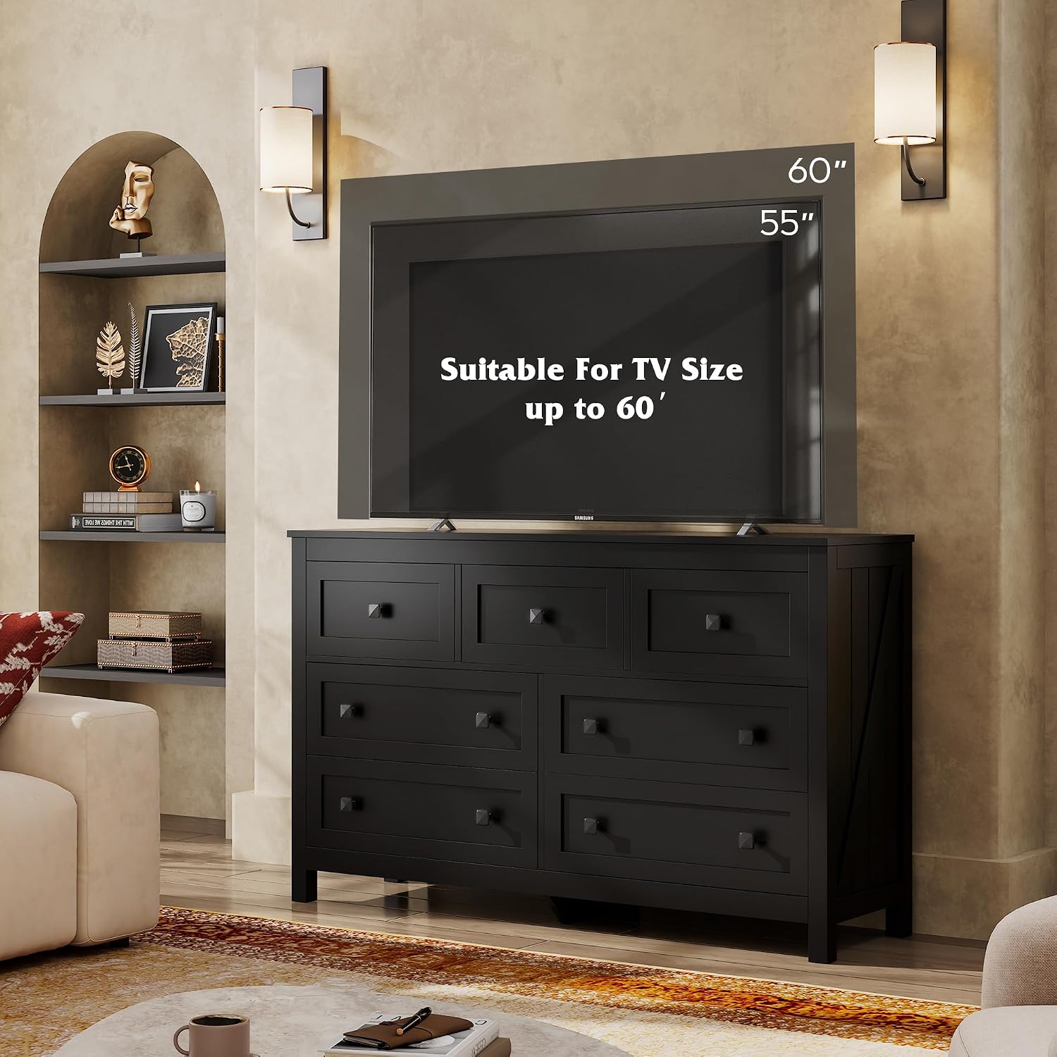 WLIVE Farmhouse Dresser for Bedroom, 51.18'' Wide 7 Drawer Wood Dresser, Black TV Stand for 65 inch TV, Wooden Chest of Drawers for Bedroom, Modern Clothes Organizer for Living Room, Hallway