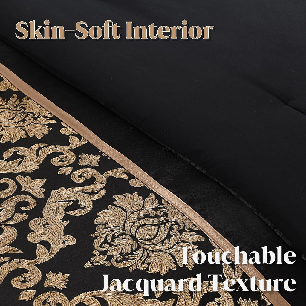 CozyDH Black Gold Floral Comforter Set California King - 7 Piece Luxury Jacquard Bed in a Bag Vintage Patchwork, All Season Down Alternative Bedding with Bed Skirt, Shams, Decorative Pillow, 104x96 in