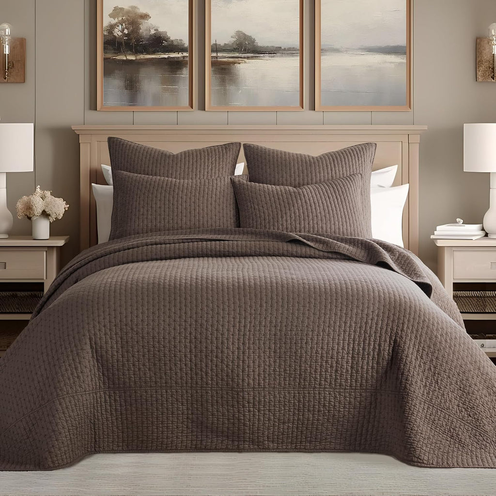 Levtex Home Cross Stitch Reversible King Bedspread Set (120x104in) with 2 Pillow Shams (36x20in) - Stitch Texture - Cocoa - Cotton King Size Bedspread Set - Soft, Pre-Washed