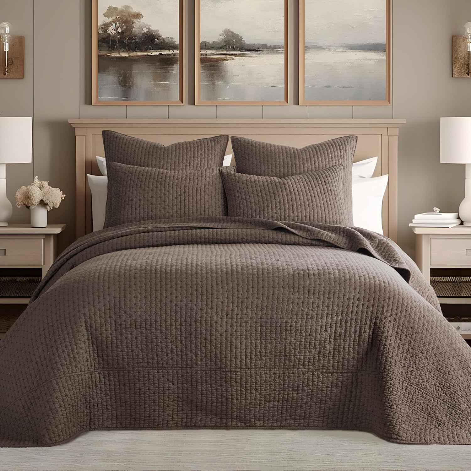 Levtex Home Cross Stitch Reversible King Bedspread Set (120x104in) with 2 Pillow Shams (36x20in) - Stitch Texture - Cocoa - Cotton King Size Bedspread Set - Soft, Pre-Washed