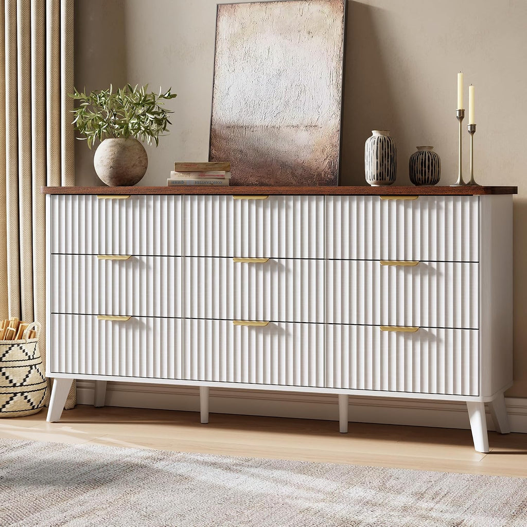GarveeHome Fluted Dresser for Bedroom with 9 Deep Drawers, 60.6 in Wide Modern Chest of Drawers, Wooden Dresser TV Stand, Curved Profile Design, for Living Room, Kids Room, Hallway, White