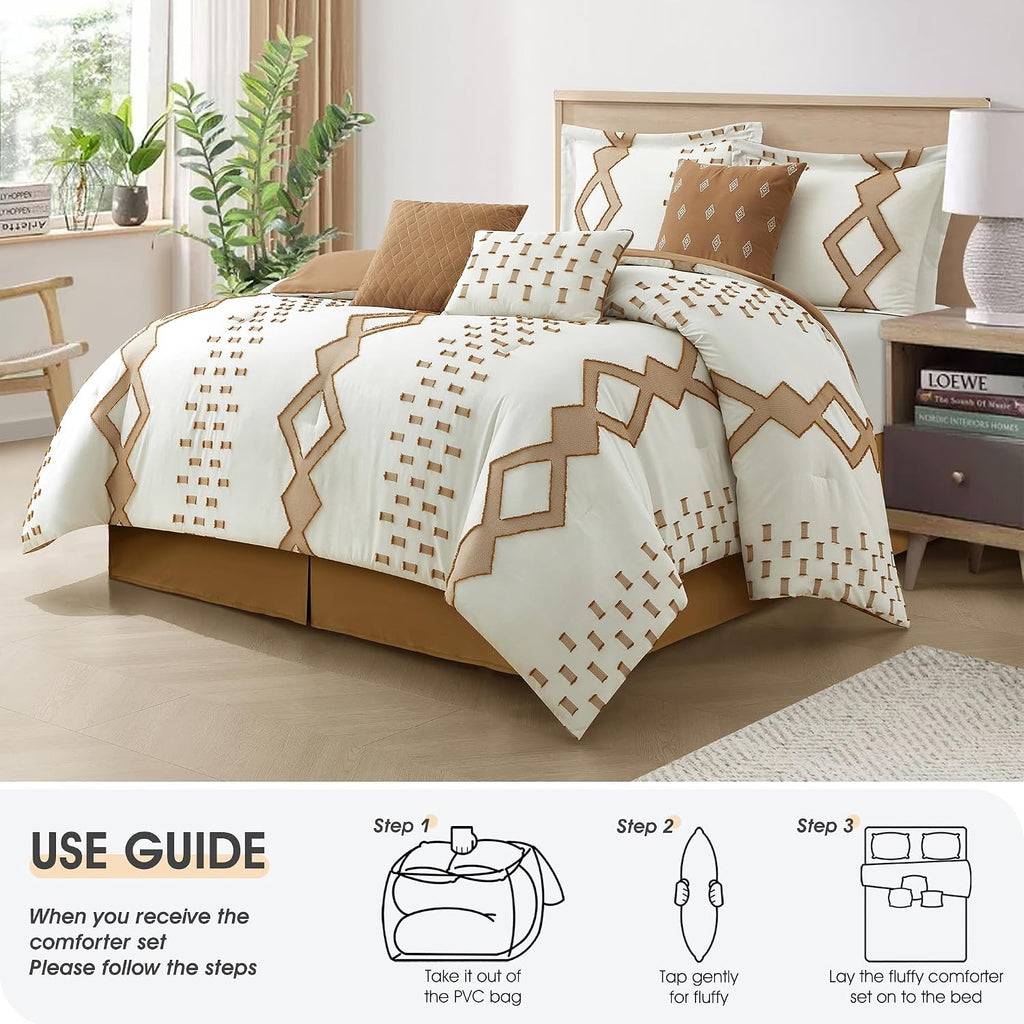 LANCO MODERN LIFESTYLE 7 Piece Taupe and White Comforter Set, King, Boho Home Decor, Geometric Clip Pattern Bedding Set for All Seasons, Bed in a Bag, Bedskirt, Shams and Decorative Pillows