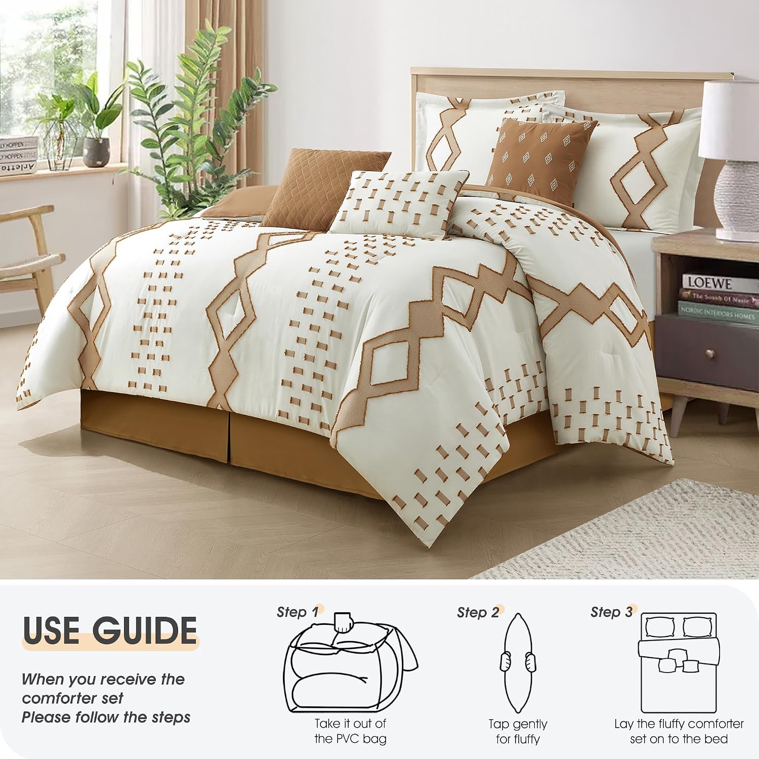 LANCO MODERN LIFESTYLE 7 Piece Taupe and White Comforter Set, King, Boho Home Decor, Geometric Clip Pattern Bedding Set for All Seasons, Bed in a Bag, Bedskirt, Shams and Decorative Pillows