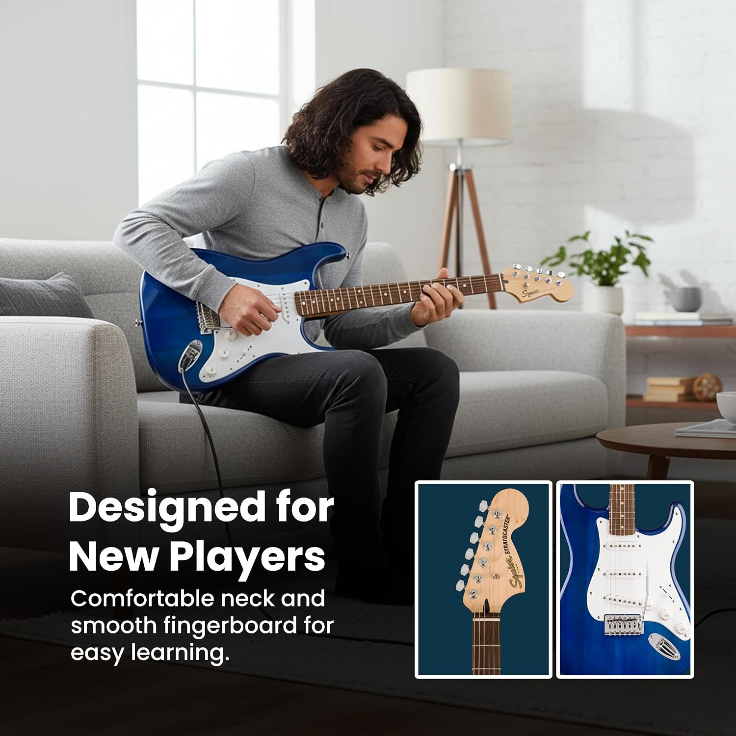 Fender Squier Sonic Stratocaster Pack - Sapphire Blue Transparent Bundle with Frontman 10G Amp, Gig Bag, Tuner, Instrument Cable, Strap, and Picks
