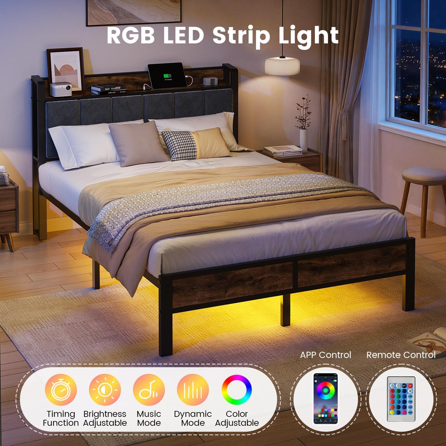 ALBERTO Full Size LED Bed Frame with Built-in Charging Station, Metal Platform with Slats, Soft Grey Upholstered Headboard, No Box Spring Required