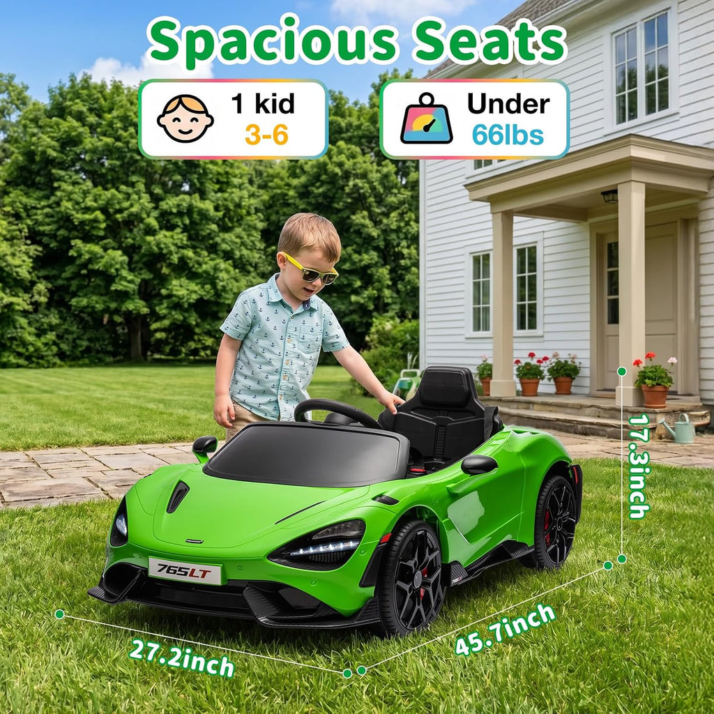 Kids Ride-on Car Licensed McLaren765LT for 3-6Years Old, Electric car 12V Battery Powered Electric Vehicle, w/Parent Remote, Music Player, LED Lights, Smooth Start, 3 Speeds, (Green)