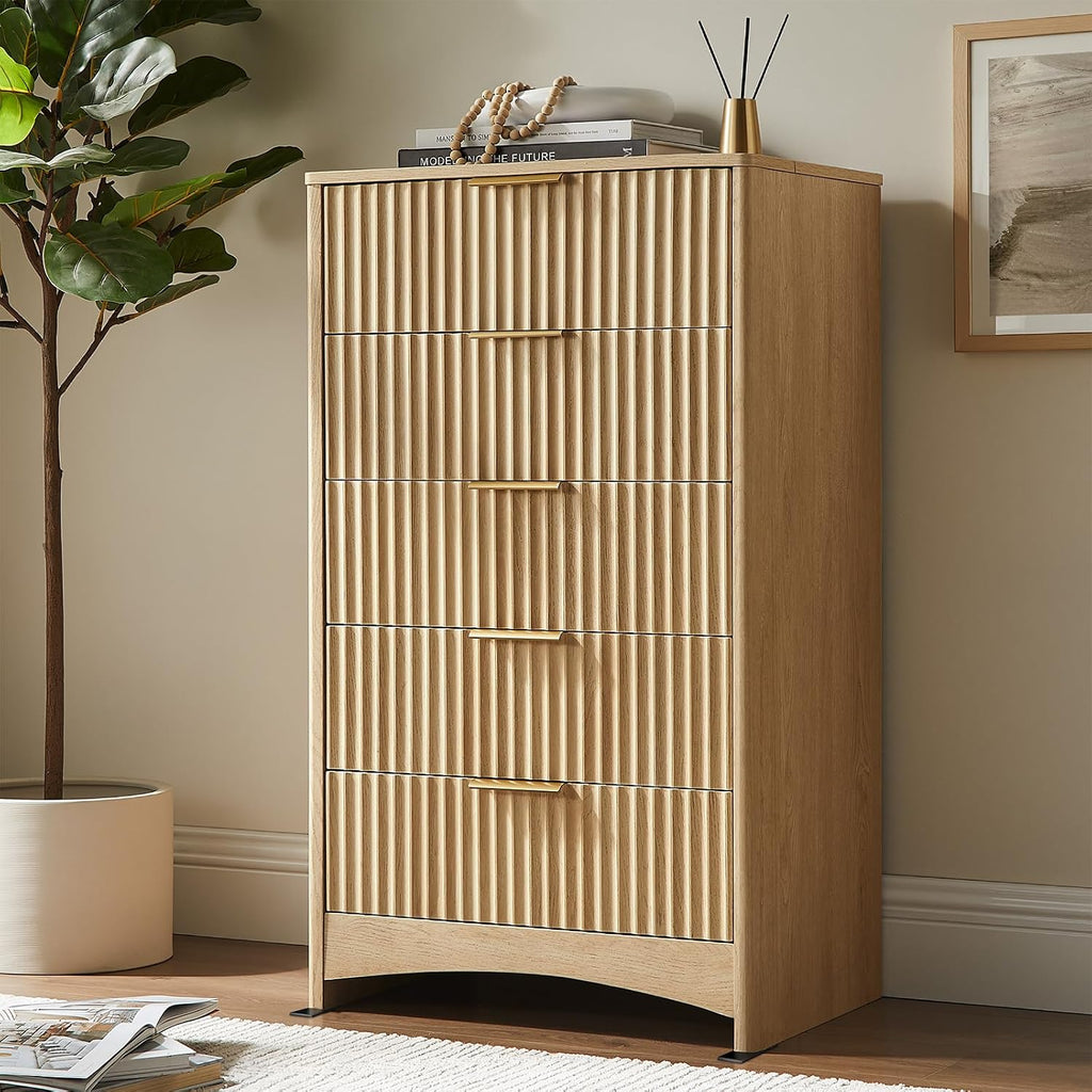 Pipishell Dresser for Bedroom, Fluted 5 Drawers Dresser, 40' Tall Modern Chest of Drawer with Round Edge & Pre-Installed Drawer Slides, Natural Wood Drawer Organizer for Bedroom, Hallway, Natural Oak
