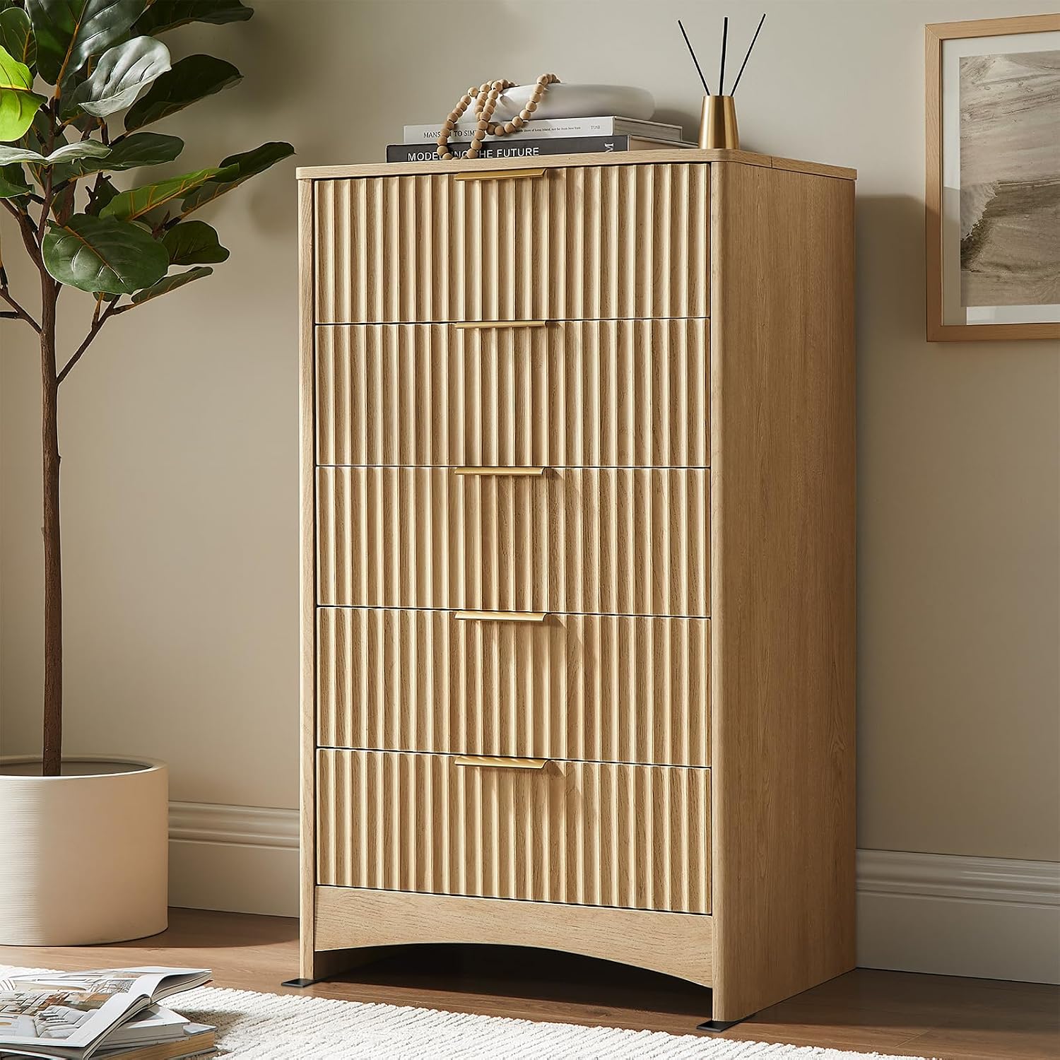 Pipishell Dresser for Bedroom, Fluted 5 Drawers Dresser, 40' Tall Modern Chest of Drawer with Round Edge & Pre-Installed Drawer Slides, Natural Wood Drawer Organizer for Bedroom, Hallway, Natural Oak
