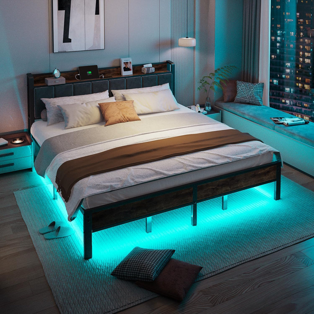 ALBERTO King Size Bed Frame with LED Lights, Upholstered Headboard with Storage and Charging Station, Metal Platform with Slats, No Box Spring Needed, Easy Assembly