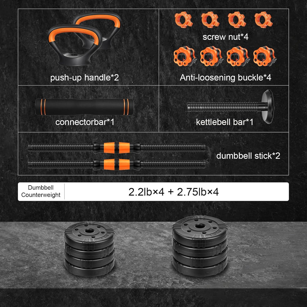 Adjustable Dumbbell Set, 22/44/66/88lbs Free Weights, 4-in-1 Barbell & Kettlebell Set, Non-slip Handles, Fitness for Men & Women