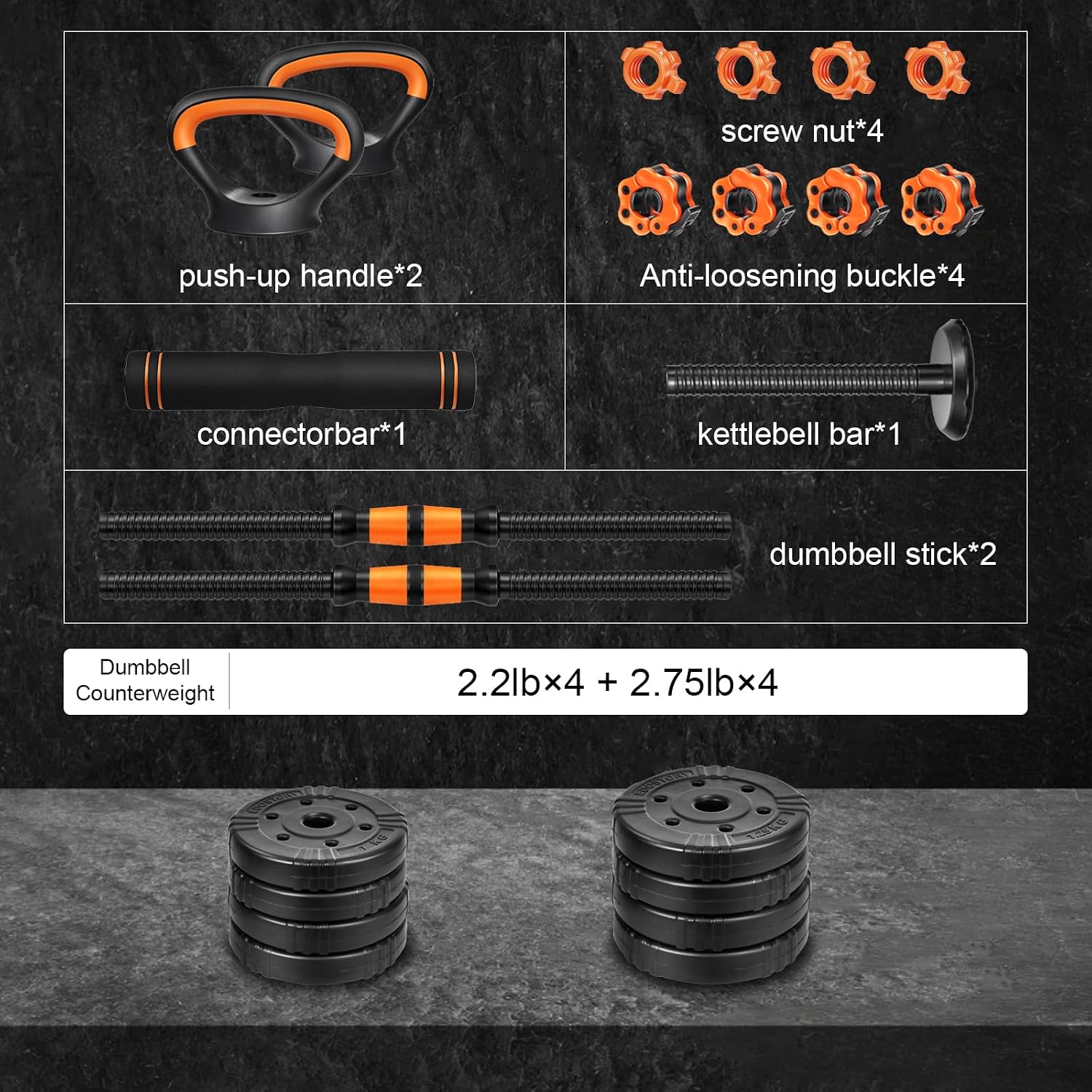 Adjustable Dumbbell Set, 22/44/66/88lbs Free Weights, 4-in-1 Barbell & Kettlebell Set, Non-slip Handles, Fitness for Men & Women