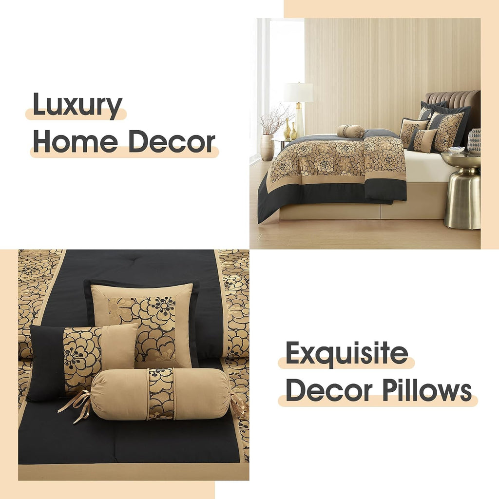 LANCO MODERN LIFESTYLE 7 Piece King Size Comforter Set, Black Gold, Elegant Floral Jacquard, Stylish and Cozy Bedding Collection, Premium Bedding Set with Bedskirt, Shams and Pillows