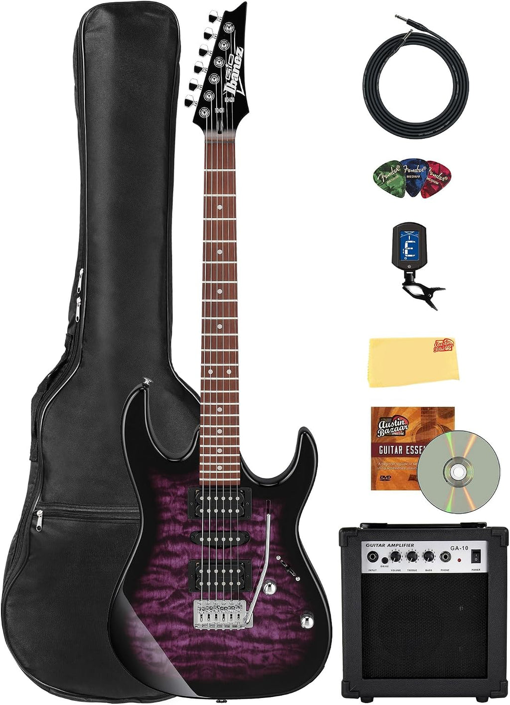 Ibanez GRX70QA RG Gio Electric Guitar - Transparent Violet Sunburst Bundle with Amp, Gig Bag, Tuner, Instrument Cable, Picks, Austin Bazaar Instructional DVD, and Polishing Cloth