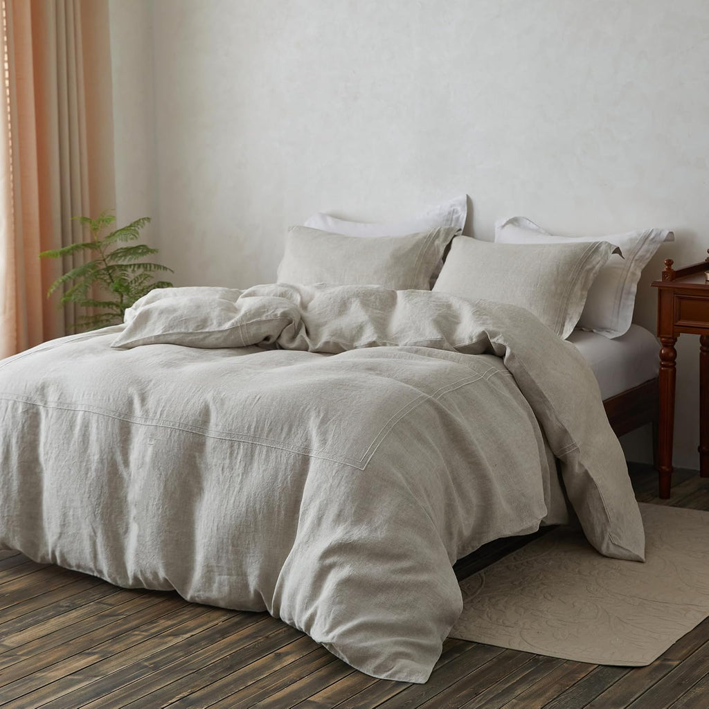 Simple&Opulence 100% Washed Linen Duvet Cover Set 104'x92' - 3 Pieces Soft Farmhouse Comforter Set Double Embroidered with Button Closure - 1 Duvet Cover and 2 Pillowshams (Linen, King)