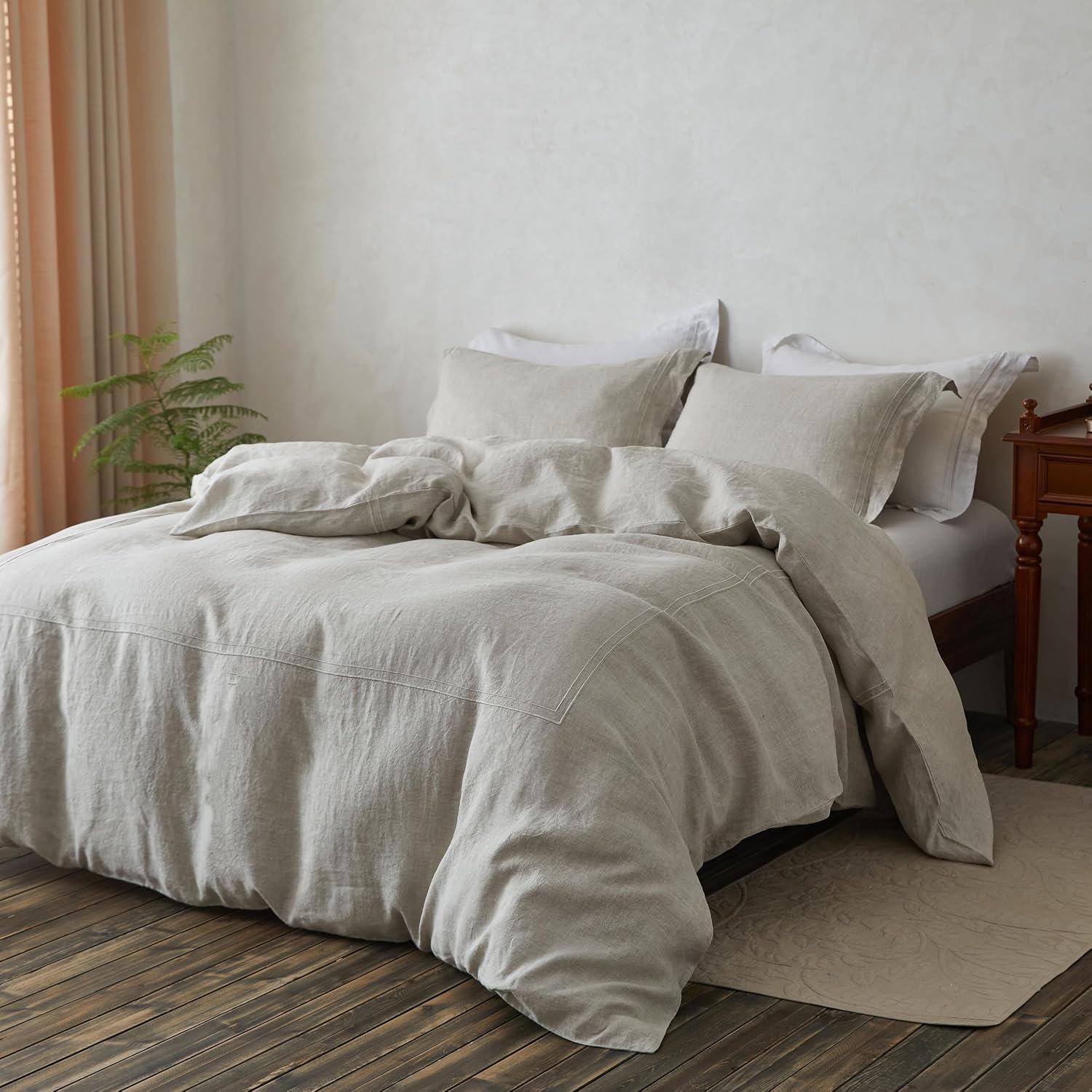 Simple&Opulence 100% Washed Linen Duvet Cover Set 104'x92' - 3 Pieces Soft Farmhouse Comforter Set Double Embroidered with Button Closure - 1 Duvet Cover and 2 Pillowshams (Linen, King)