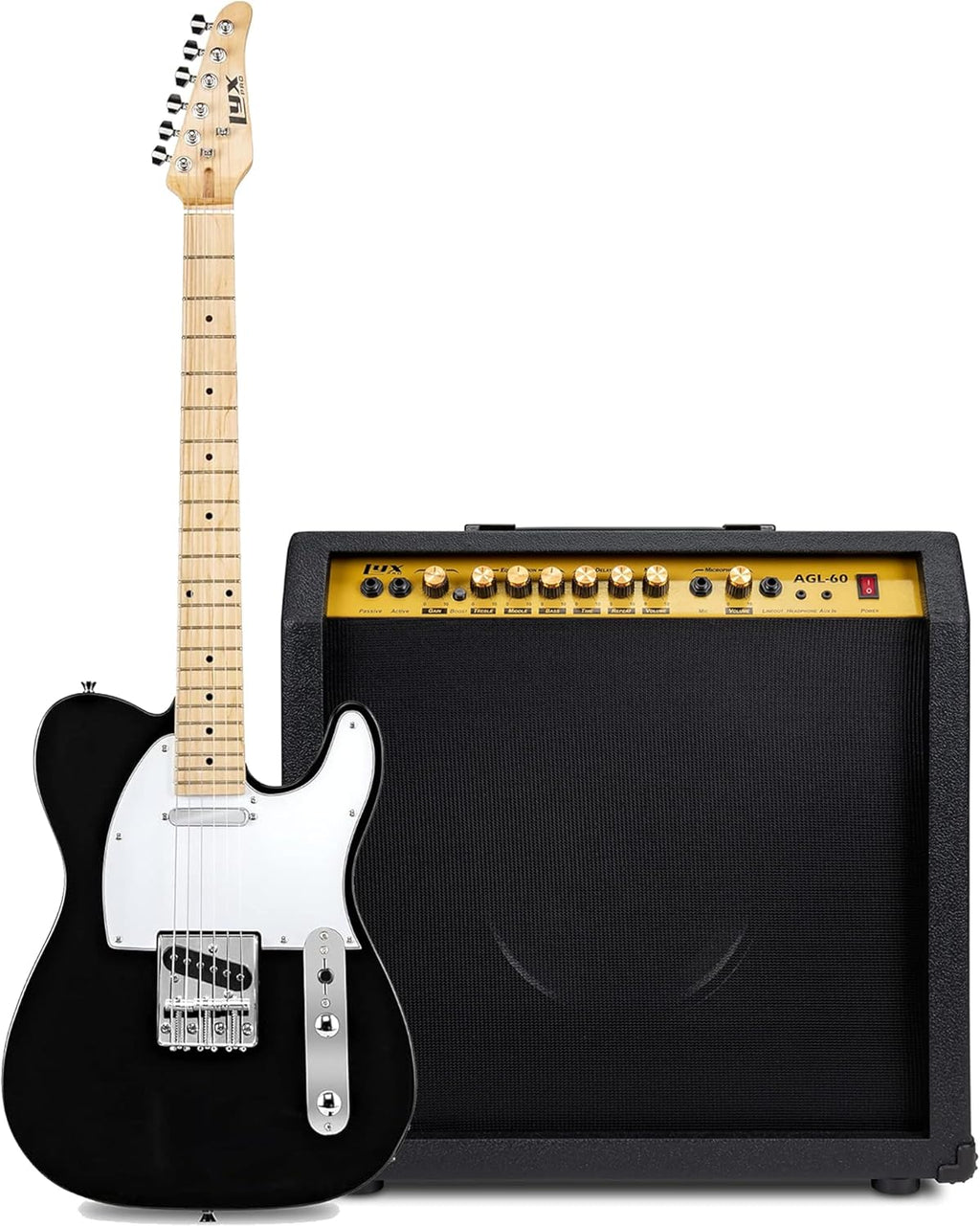 LyxPro 39' Electric Guitar TL Series Full-Size Paulownia Body, 3-Ply Pickguard, 3-Way Switch & Volume/Tone Controls -Black with 60 Watt Amplifier - (Black)