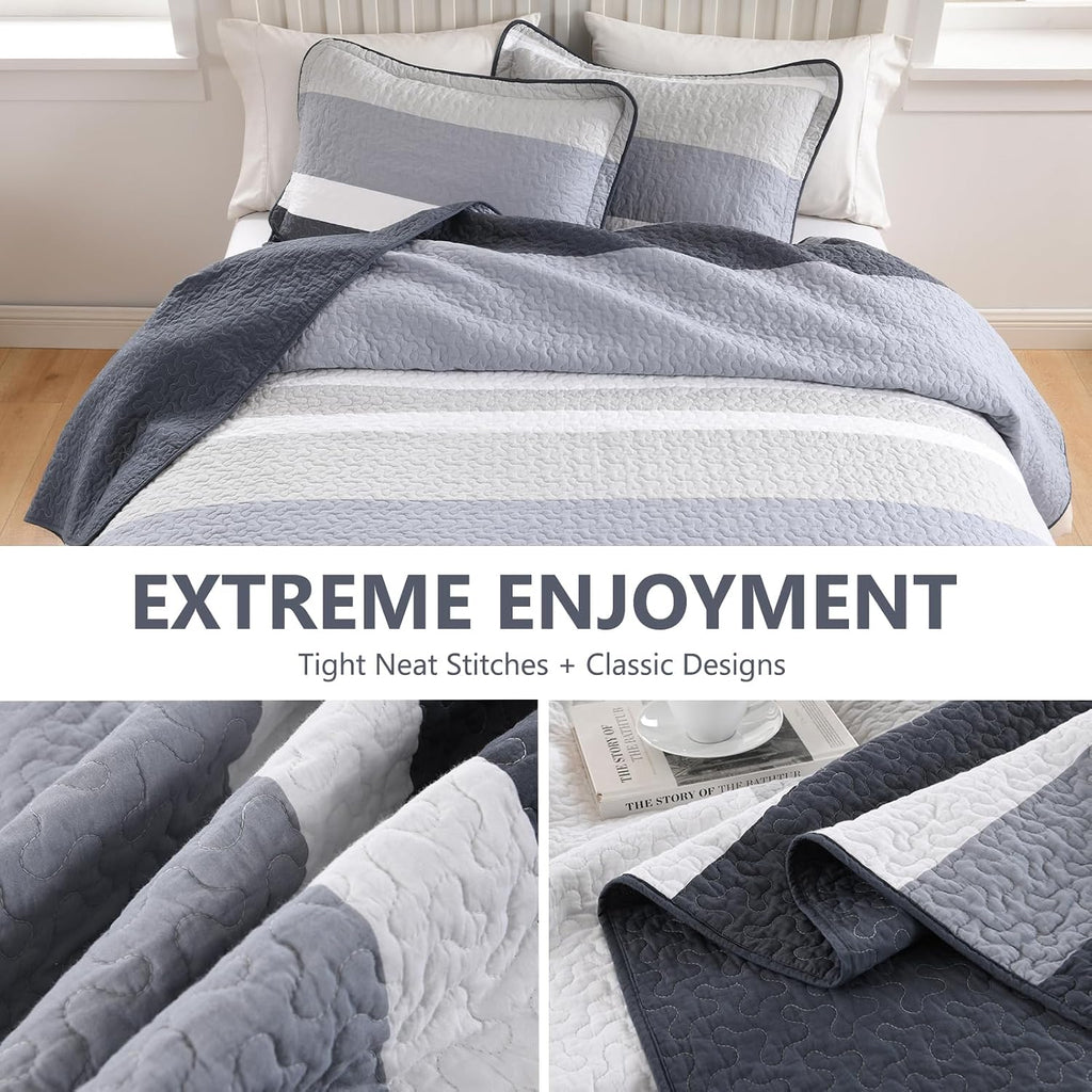 100% Cotton Quilt Set Queen Size, Queen Quilt Bedding Set, Striped Pattern Quilt Bedspread for Queen Bed, Modern Minimalist Bed Spread Lightweight Comforter, 3Pcs, Charcoal-Blue/Gray/White