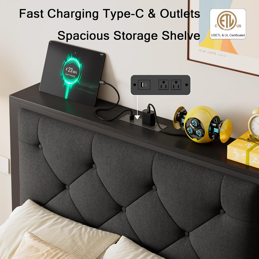 Einhomn Twin Bed Frame with Storage Drawer, Metal Platform Bed with Charging Station, Upholstered Linen Button Tufted Storage Headboard, No Box Spring Needed, Noise-Free, Easy Assembly, Black