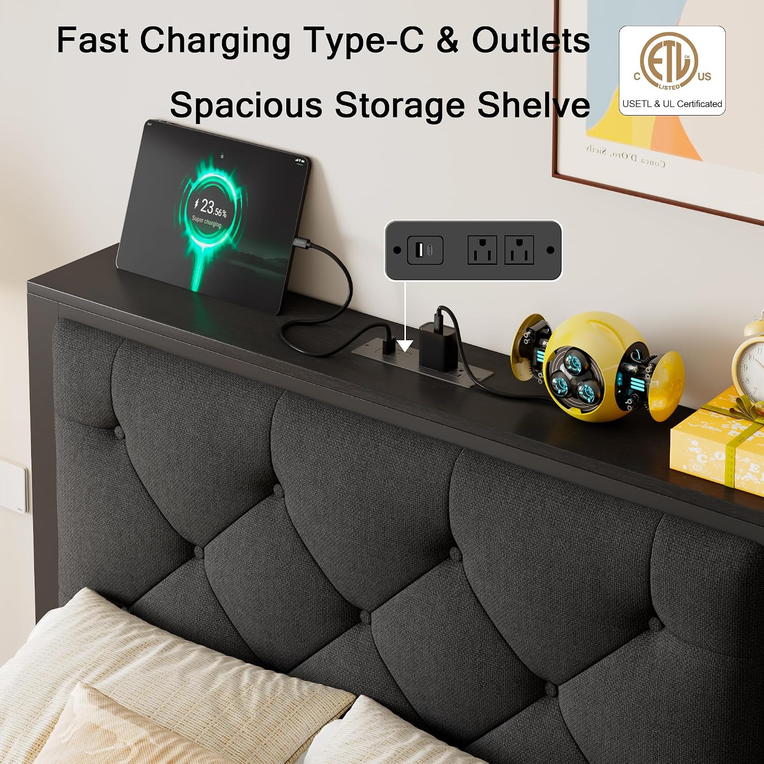 Einhomn Twin Bed Frame with Storage Drawer, Metal Platform Bed with Charging Station, Upholstered Linen Button Tufted Storage Headboard, No Box Spring Needed, Noise-Free, Easy Assembly, Black