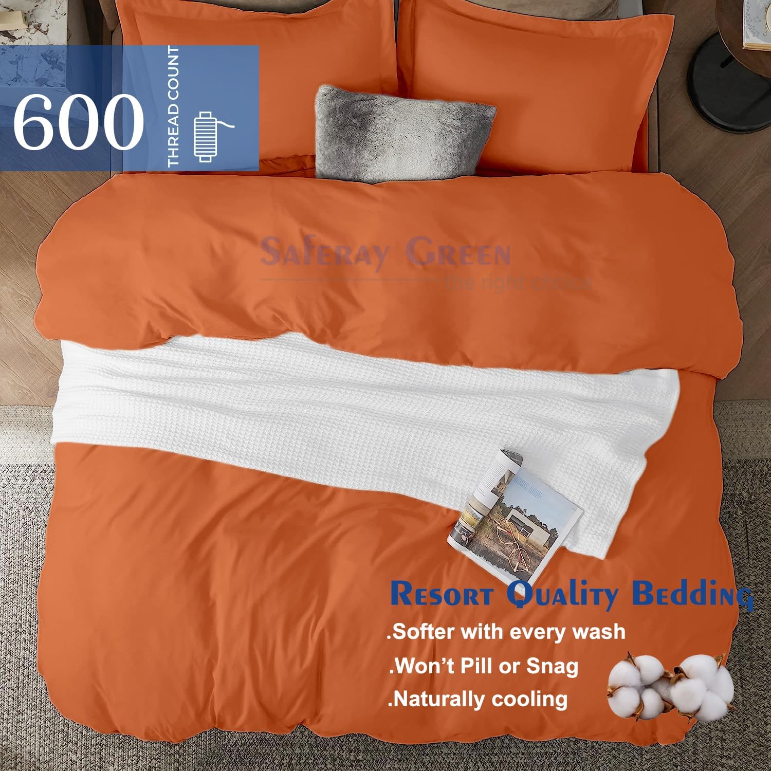 100% Cotton 3 Piece Duvet Cover Set 128x120 inch Breathable Luxury Soft & Cozy Durable and Fade Resistant Double Hem-Stitched Sateen Weave (Oversized King Plus, Burnt Orange)