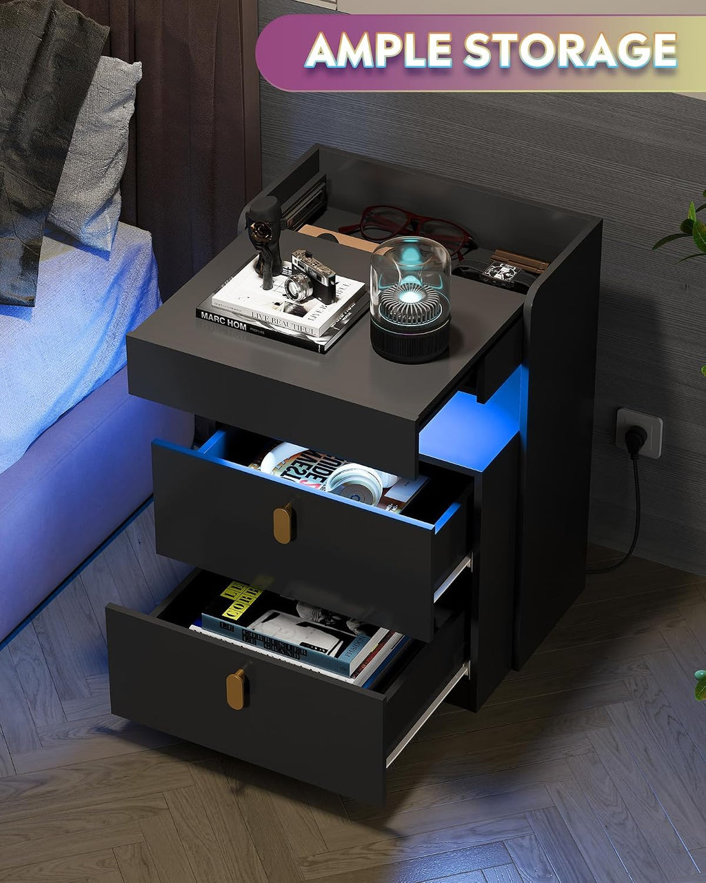 WLIVE Black LED Nighstand Set of 2 with Charging Station, Night Stands Sets with Sliding Top, Bedside Tables with Drawers, End Table for Bedroom, Living Room, Black
