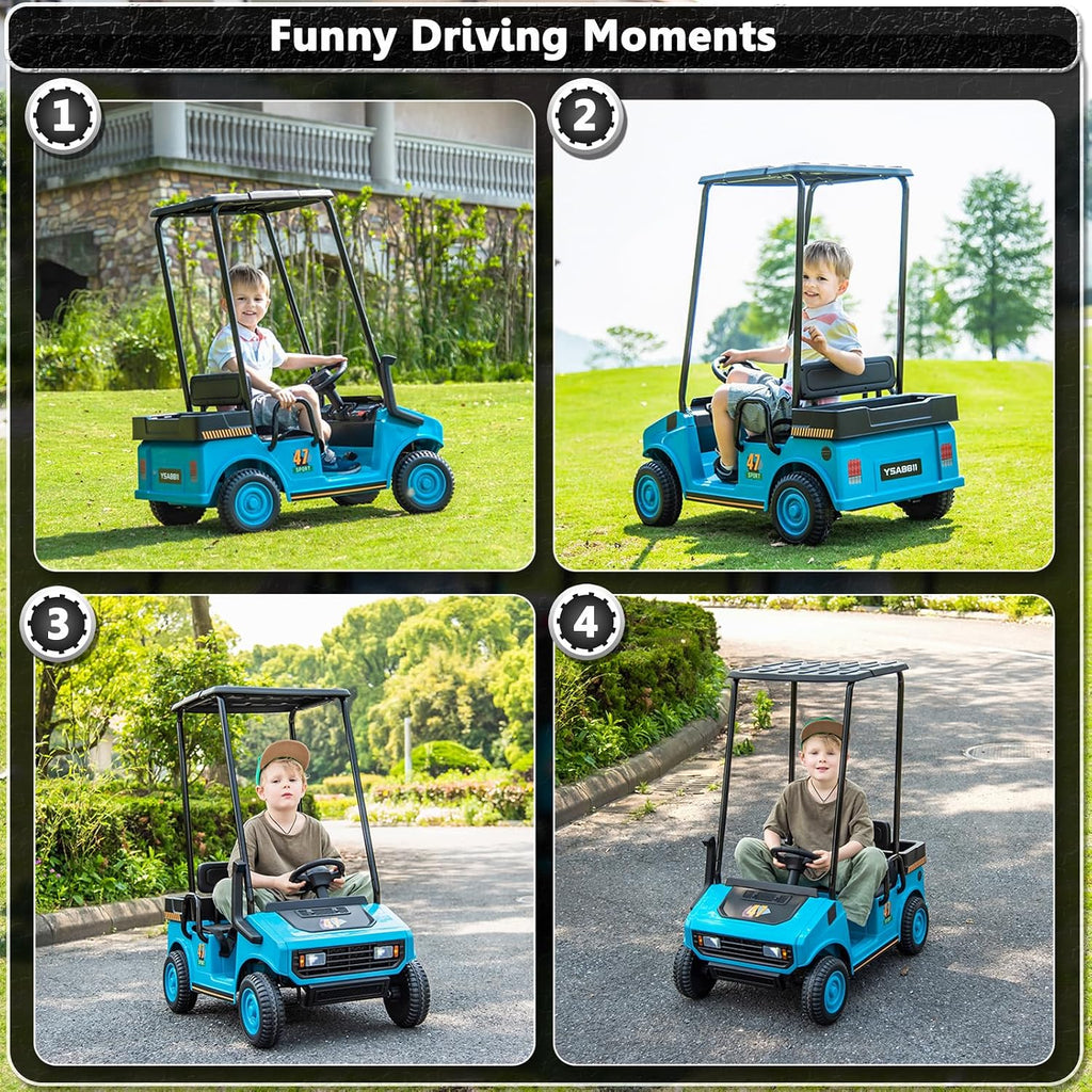 12V 7AH Kids Golf Cart with Remote Control, 2WD Ride on Toys for Boys Girls, 2 Seater Battery Powered Ride on Car with Music Player, Plastic Roof, Horn (Blue)