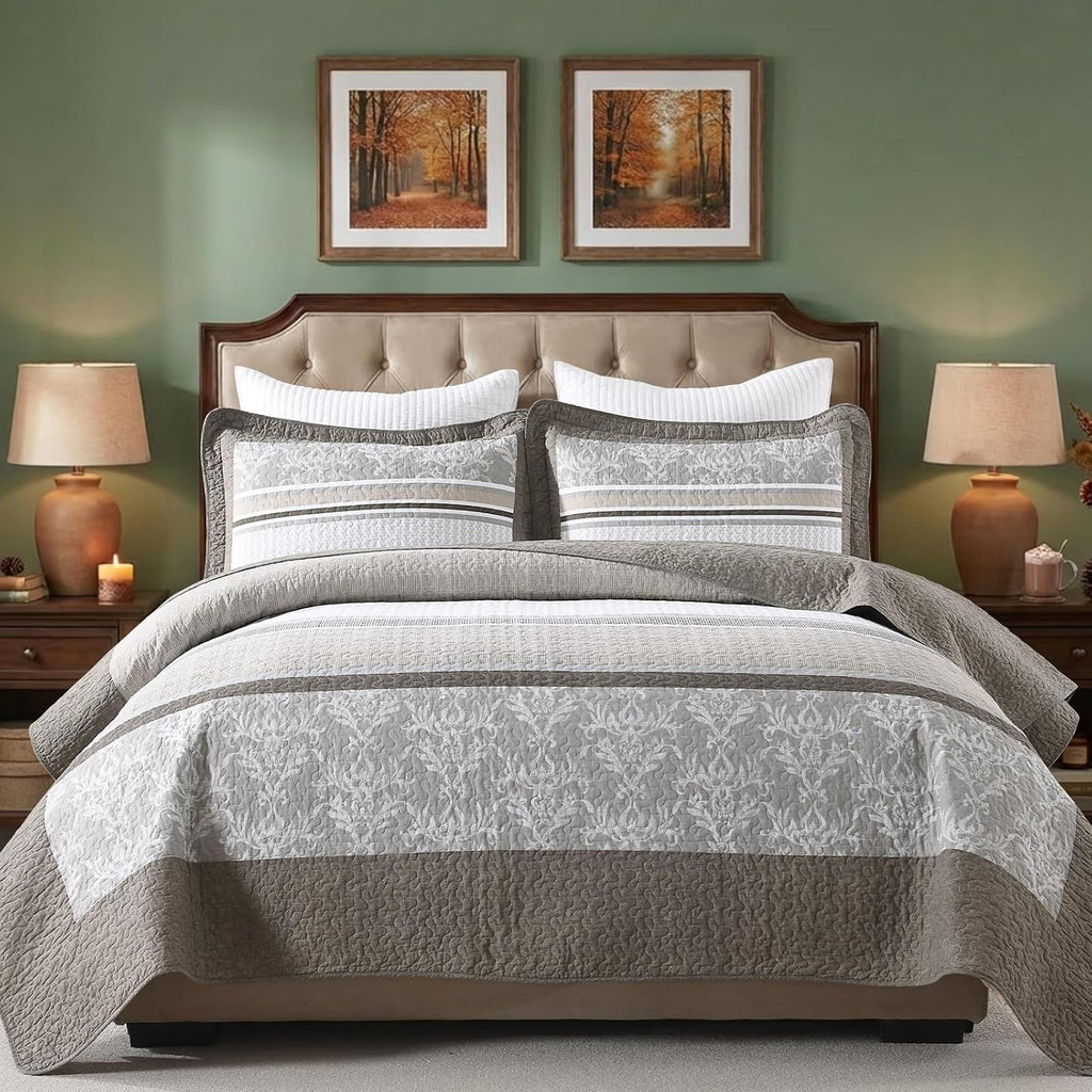 KALOOLA 100% Cotton Quilts Queen Size - Lightweight Quilted Bedding Set 3 Pcs, Farmhouse Printed Striped Bedspread with 2 Pillow Shams, Modern Bed Coverlet for All Season, Dark Brown/Charcoal/Beige