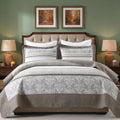 KALOOLA 100% Cotton Quilts Queen Size - Lightweight Quilted Bedding Set 3 Pcs, Farmhouse Printed Striped Bedspread with 2 Pillow Shams, Modern Bed Coverlet for All Season, Dark Brown/Charcoal/Beige