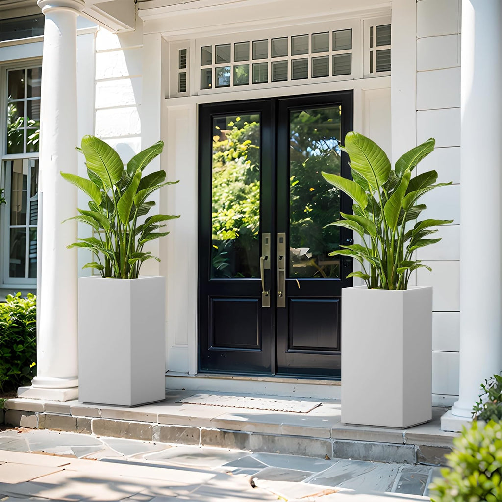 Kante 27.6' H Tall Rectangular Concrete Planter, Modern Square Diameter Plant Pot with Drainage Hole and Rubber Plug for Indoor Outdoor Home Patio Garden, Pure White