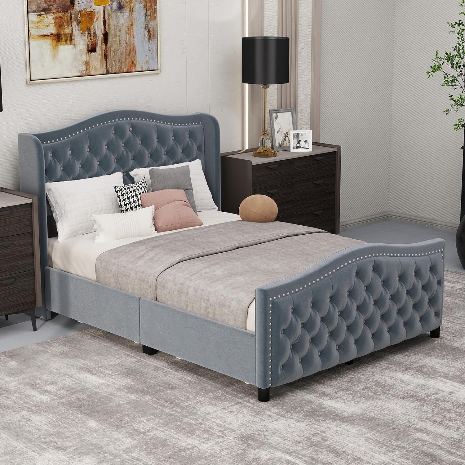 CANMOV Full Size Upholstered Bed Frame with 4 Storage Drawers,Comfortable Fabric Platform Bed Frame with Wingback Headboard & Footboard,Wooden Slats Support,No Box Spring Needed,Dark Grey