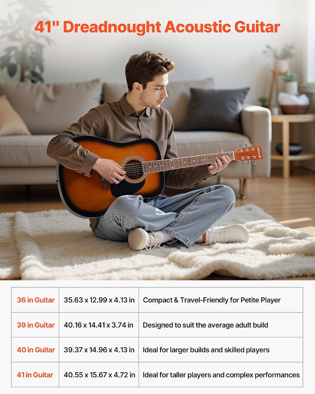 VEVOR Dreadnought Acoustic Guitar, 41 in, 6-String Sunburst Solid Spruce Top Guitar, Beginner Bundle with Gig Bag, Tuner, Strap, Strings, Picks, Capo, Rosewood Fingerboard, for Adult Taller Player