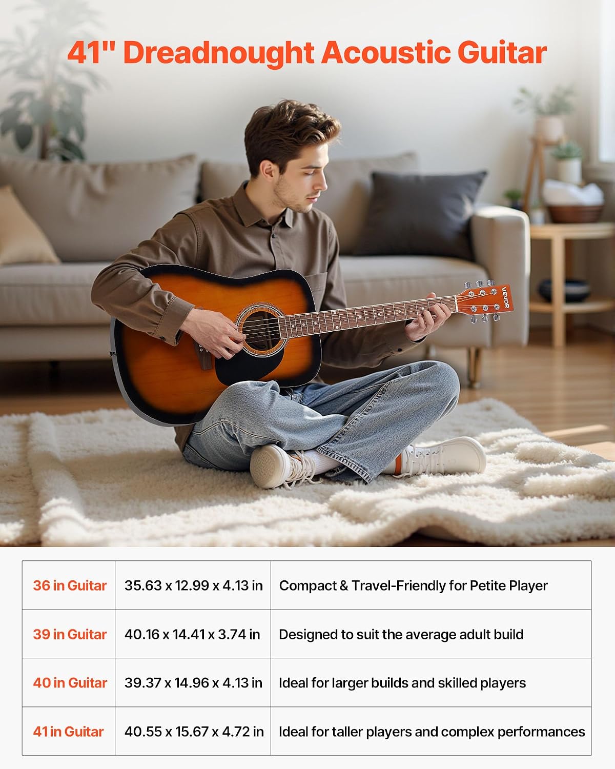 VEVOR Dreadnought Acoustic Guitar, 41 in, 6-String Sunburst Solid Spruce Top Guitar, Beginner Bundle with Gig Bag, Tuner, Strap, Strings, Picks, Capo, Rosewood Fingerboard, for Adult Taller Player