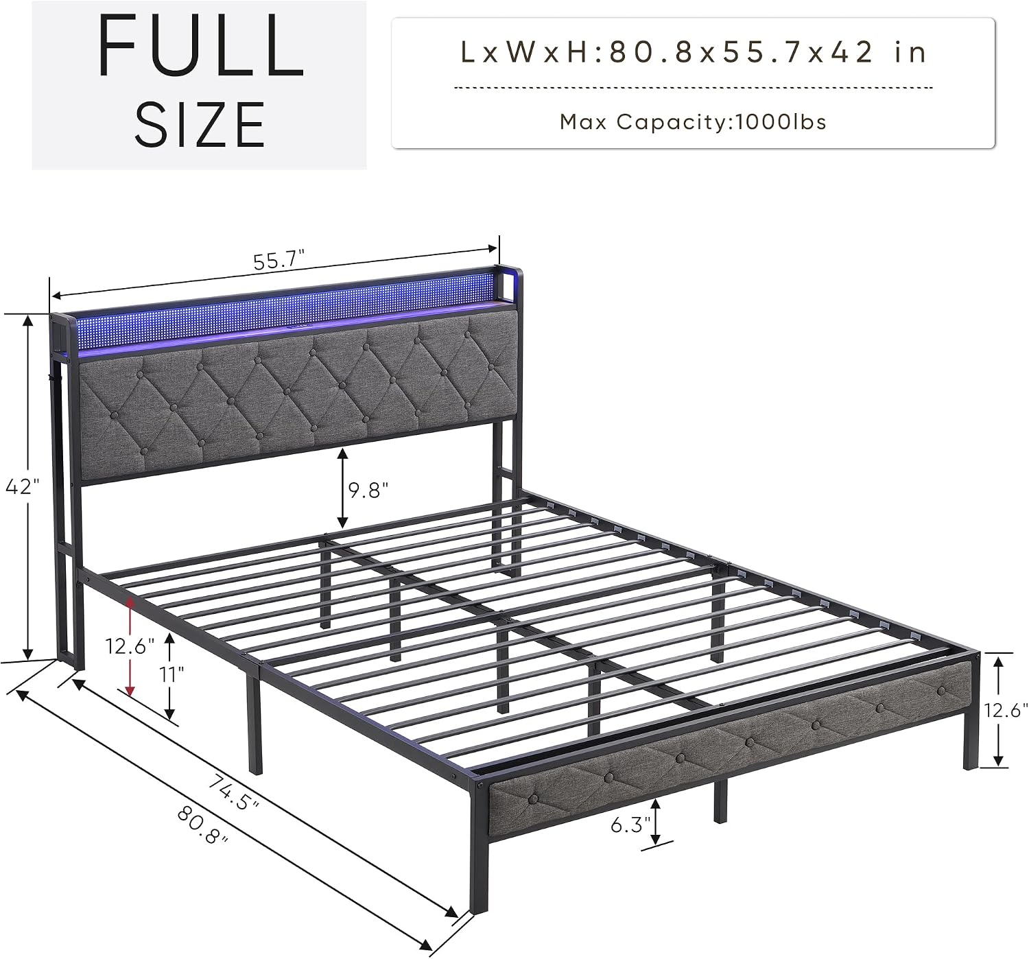 Full Size Bed Frames with Storage Headboard, LED Platform Bed Frame Full Size, Upholstered Bed Frame with Charging Station, No Box Spring Needed, Easy Assembly,Dark Gray