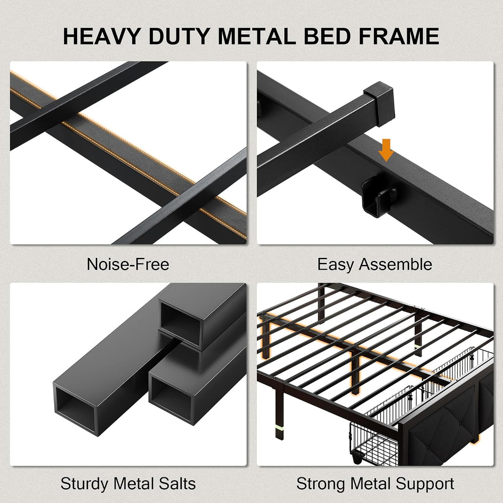 Einhomn Queen Bed Frame with 2 Storage Drawers, Metal Platform Bed with Charging Station, Upholstered Linen Button Tufted Storage Headboard, No Box Spring Needed, Noise-Free, Easy Assembly, Black