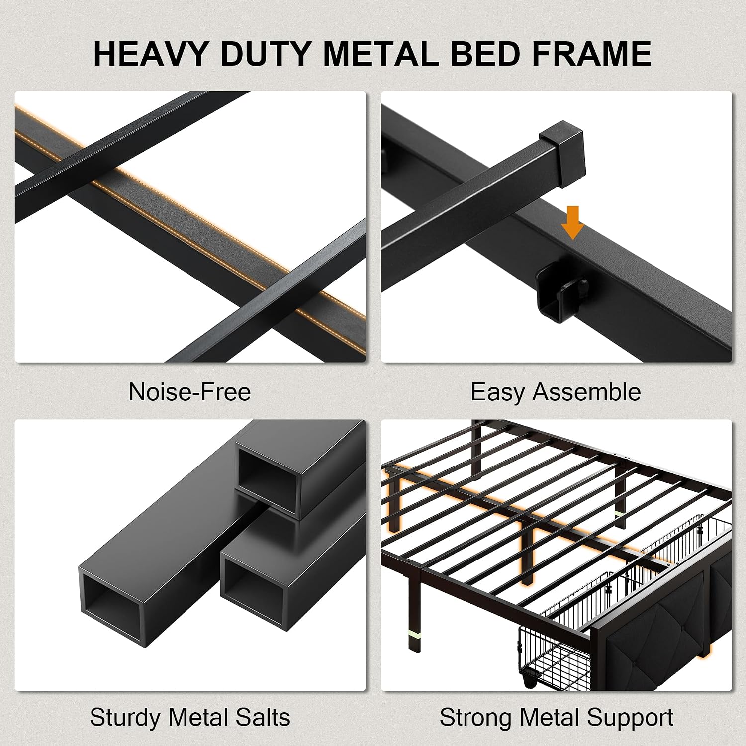 Einhomn Queen Bed Frame with 2 Storage Drawers, Metal Platform Bed with Charging Station, Upholstered Linen Button Tufted Storage Headboard, No Box Spring Needed, Noise-Free, Easy Assembly, Black