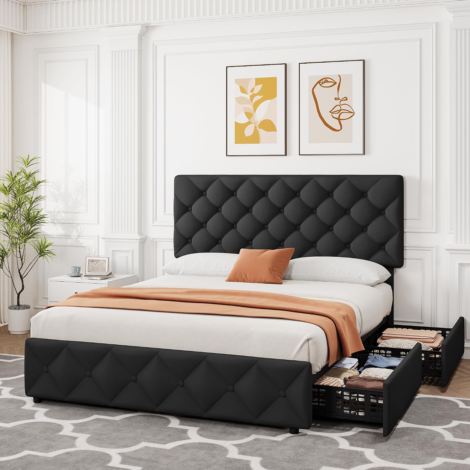 Full Size Bed Frame with 4 Storage Drawers, Linen Upholstered Platform Bed Frame with Headboard and Footboard, Wooden Slats Support, Diamond Stitched Button Tufted, No Box Spring Needed, Black