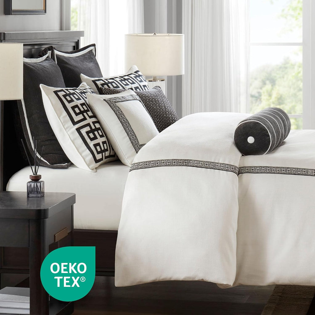 Madison Park Signature Queen Comforter Set Hotel Style Embroidered, Oversized Comforters Queen Size Bed, All Season Down Alternative Overfilled Queen Size Comforter, Jarvis, Queen Black/White 8 Piece
