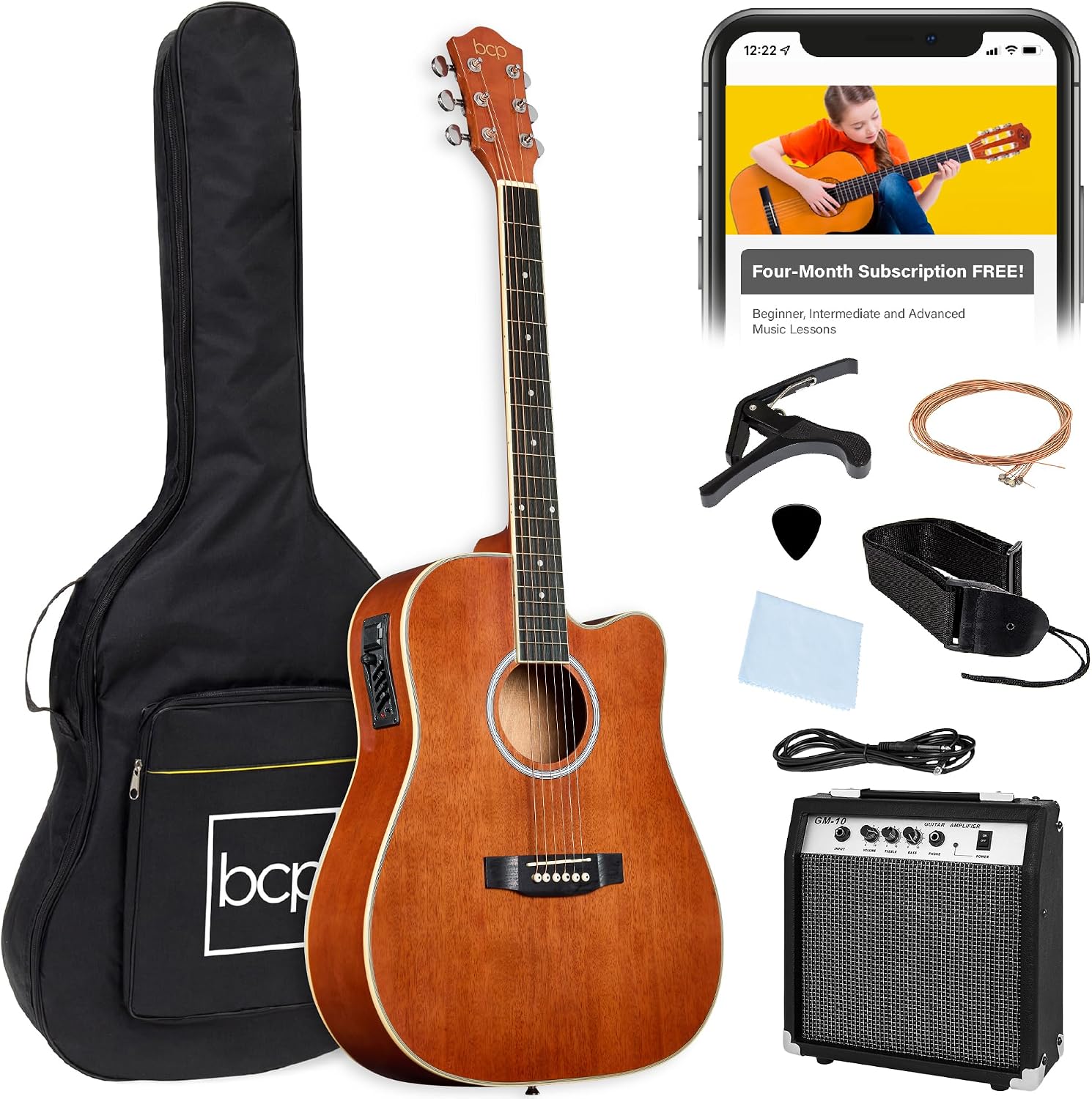 Best Choice Products Beginner Acoustic Electric Guitar Starter Set w/ 41in, All Wood Cutaway Design, Gig Bag, Strap, Picks - Natural Mahogany