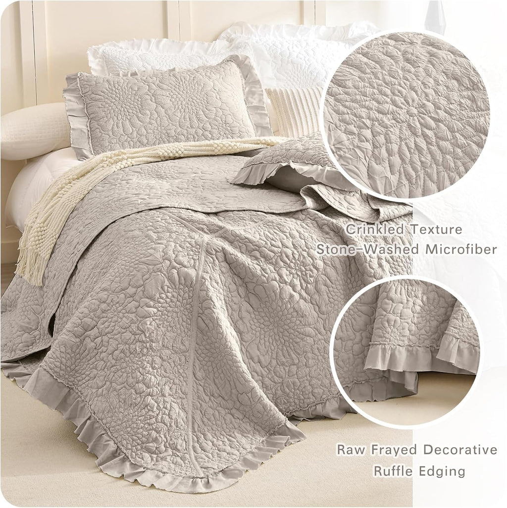 Lady Ann Oversized Bedspread Set 120x120, Extra Large Linen Feel Stone-Washed Ruffled Quilt Set Crinkled Blanket, Lightweight Shabby Quilted Bedspreads &Coverlets 3 PCS Farmhouse Rustic Bedding Sets