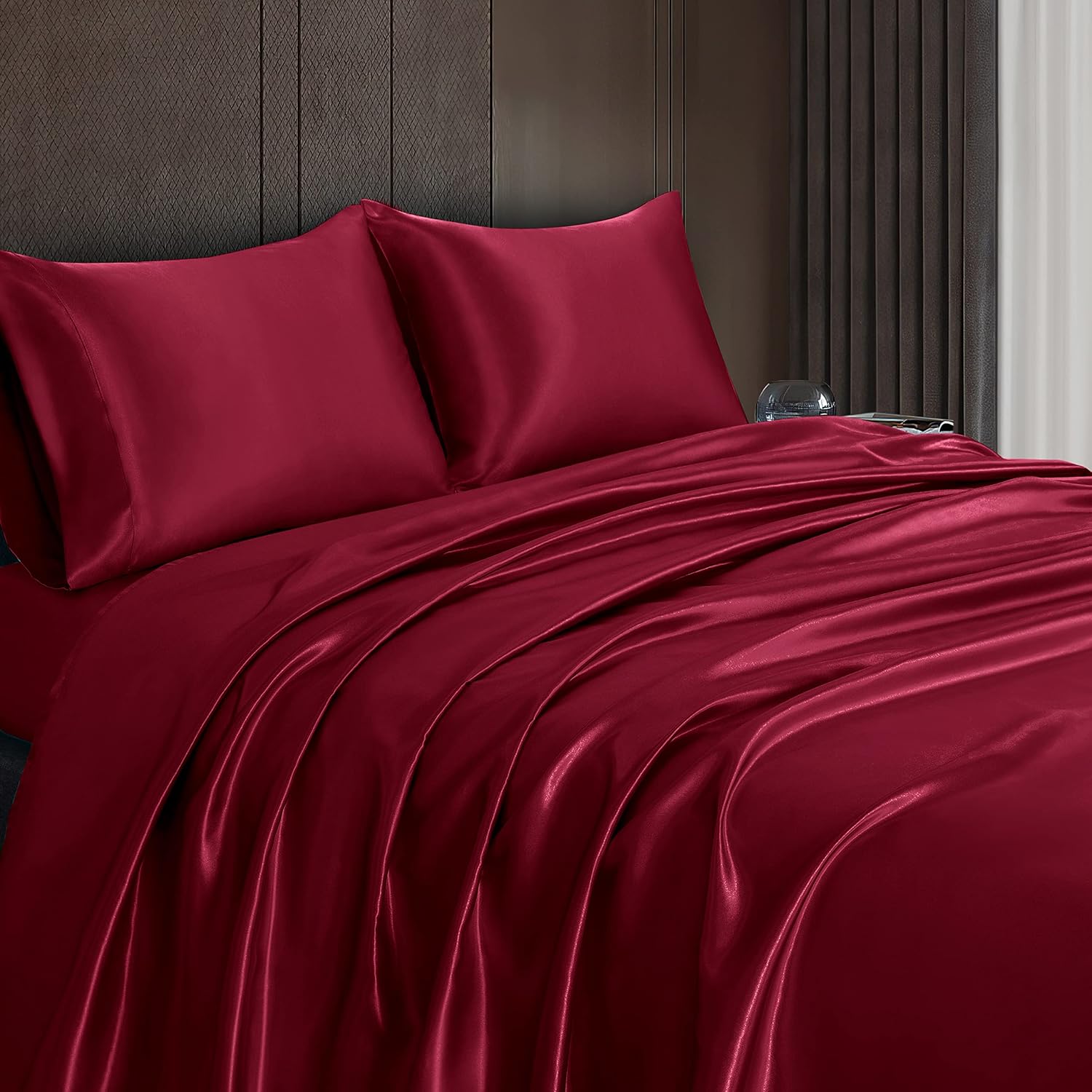 Twin XL Size 4-Piece Sheet Set Premium 30 Momme Mulberry Silk Bed Sheets Set Fits 23-26' Deep Pocket (Solid, Burgundy)