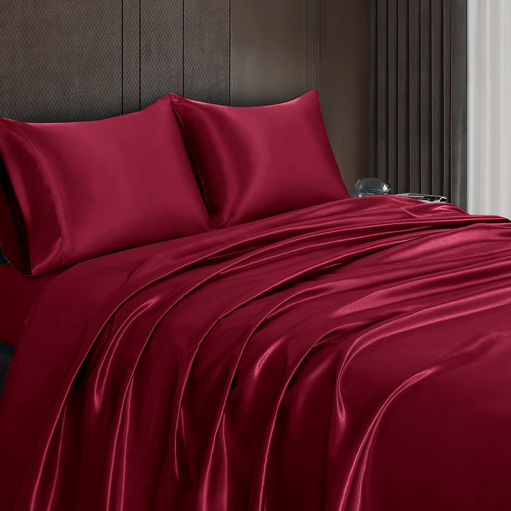 4 Pieces Sheet Set, 100% Mulberry Silk Bed Sheets Fits 10-12' Deep Pocket, 22 Momme Twin Size 6A Luxury Silk Bedding Set with Flat Sheet, Fitted Sheet & 2 Pillowcases (Solid, Burgundy)