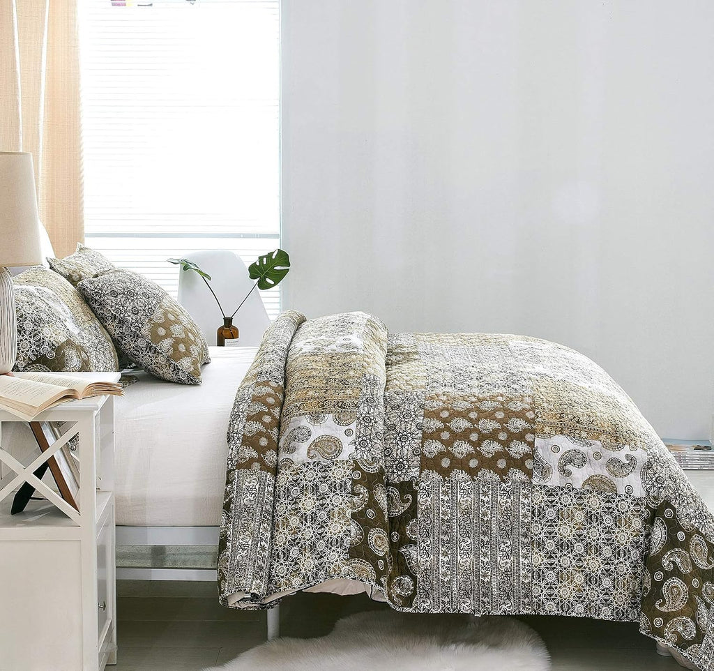 DaDa Bedding Bohemian Cotton Real Patchwork Floral Quilt Bedspread - Moroccan Dreams Filigree Paisley Olive Green Brown - Reversible Multi-Colorful Rustic Quilted Coverlet Set - Twin - 2-Pieces