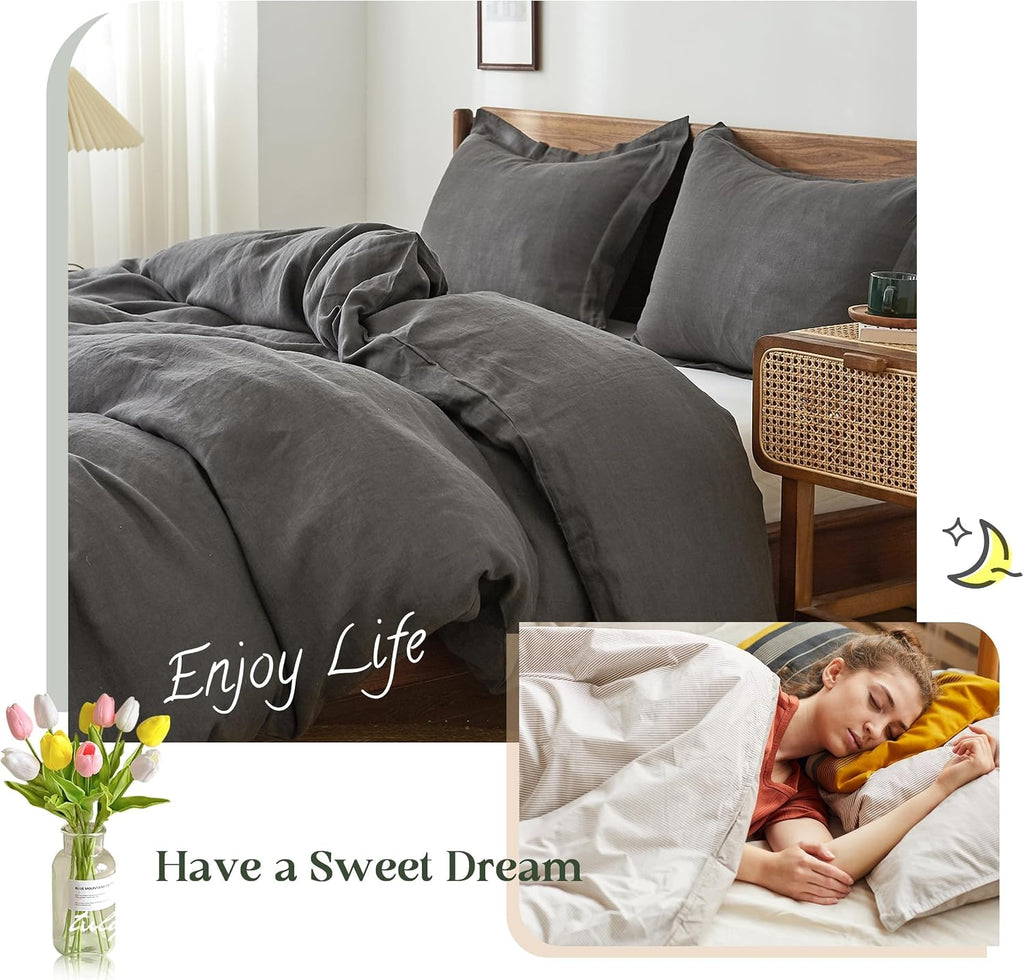 Simple&Opulence 100% Linen Duvet Cover Set, 3 PCS Natural French Flax Dark Grey Duvet Cover King Size, Breathable Soft Comfy Linen Bedding Comforter Cover with 2 Pillowcases(Dark Grey, 104'x92')