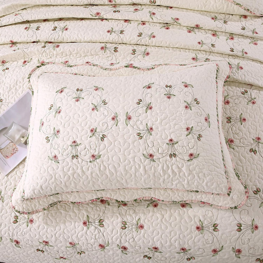 Quilt Set Floral Leaves 3D Embroidery Pattern 3 PCS Cotton Reversible Quilted Embroidered Decorative Bedspreads Coverlet Set, Lightweight &Soft Queen Size Beige Bedding Coverlet for All Season