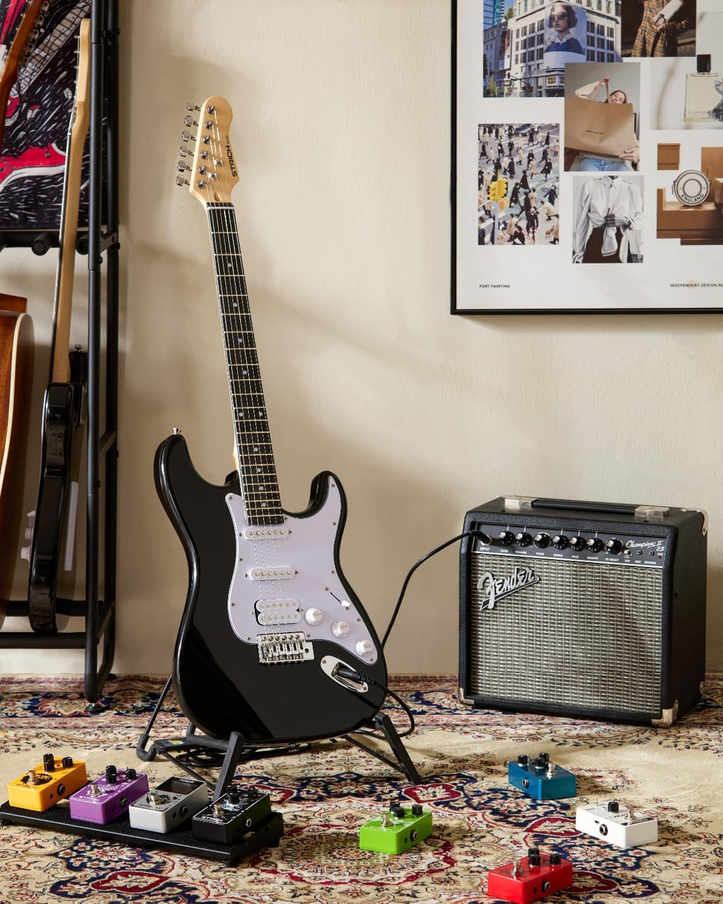 STRICH Electric Guitar Beginner Kit, Solid Body 39' Full Size Electric Guitar SSS Pick Up for Starter, with 5W x 2 Amp, Bag, Digital Tuner, Capo, Strap, String,Cable, Picks, SST-S10 Black