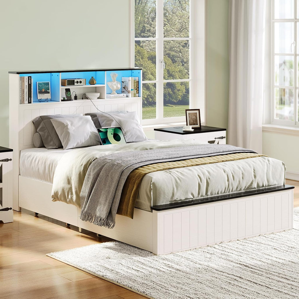 Yoobure Full Size Bed Frame with Headboard - Farmhouse Wood Bed Frames with 4 Storage Drawers, Platform Beds with Charging Station & LED Light, No Noise Double Bedframe, No Box Spring Needed, White