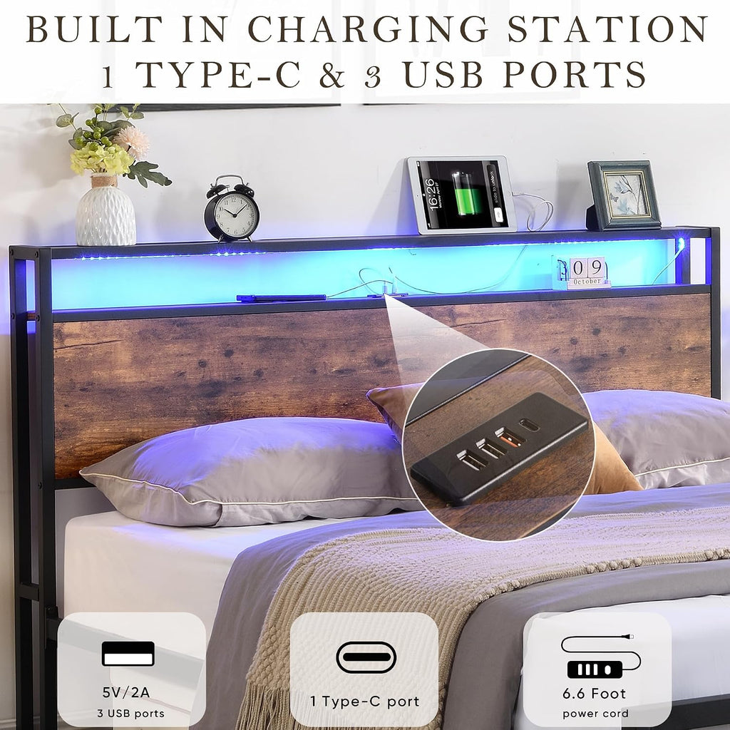 Queen Size Bed Frames with Storage Headboard and Drawers, LED Platform Bed Frame Queen Size, LED Upholstered Bed Frame with Charging Station, No Box Spring Needed, Easy Assembly,Grey