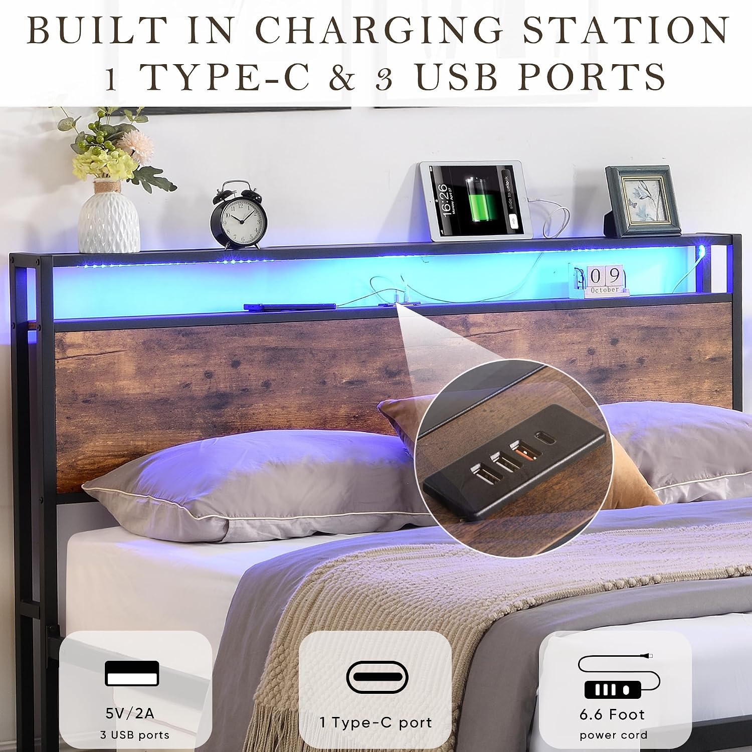 Queen Size Bed Frames with Storage Headboard and Drawers, LED Platform Bed Frame Queen Size, LED Upholstered Bed Frame with Charging Station, No Box Spring Needed, Easy Assembly,Grey