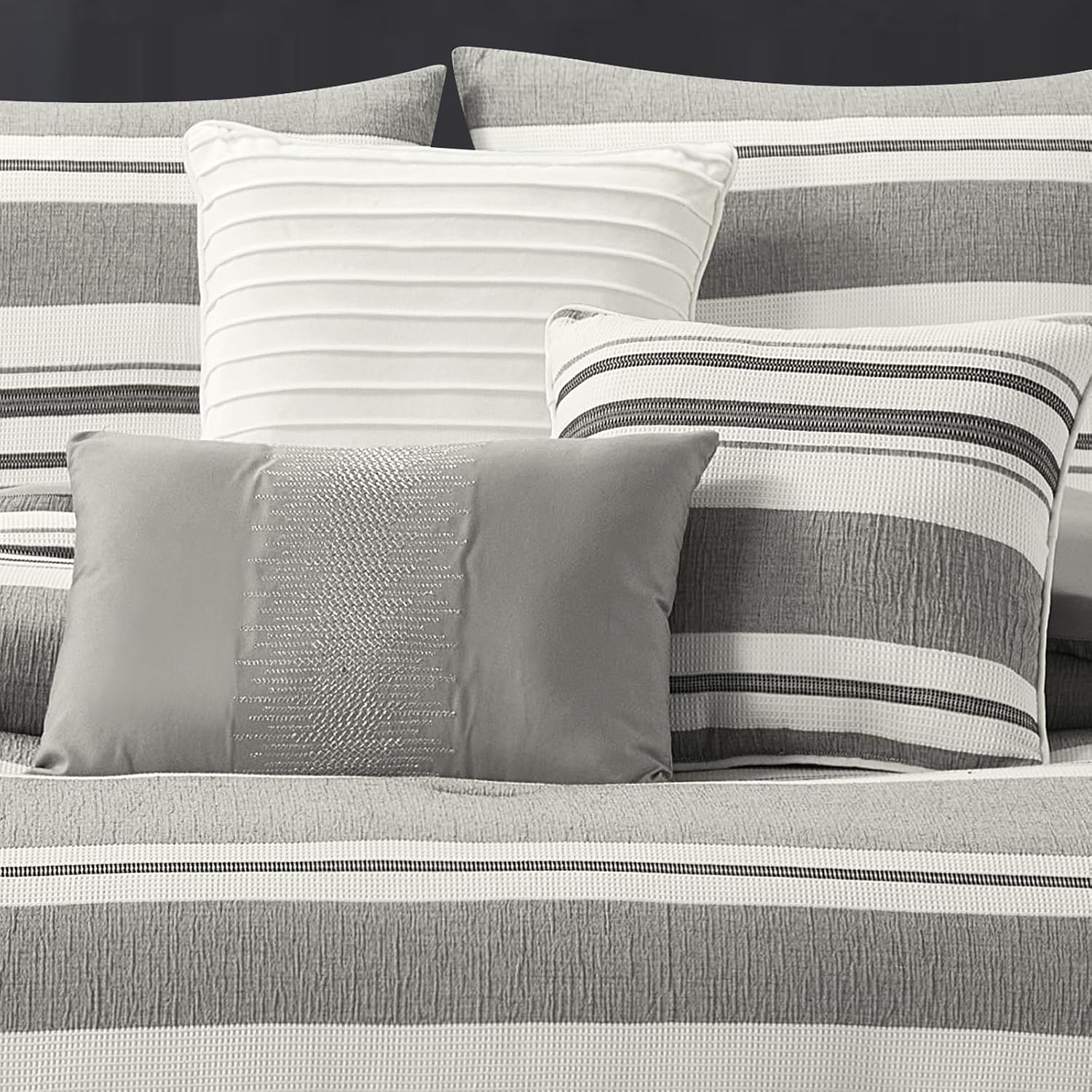 LANCO MODERN LIFESTYLE 7 Piece California King Comforter Set, White Grey, Striped Jacquard Design, Soft and Cozy for All Seasons, Bed in a Bag with Comforter, Pillow Shams, Decor Pillows and Bedskirt