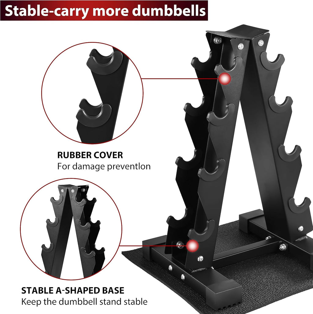 Fitvids 100LB Rubber Coated Hex Dumbbell Weight Set and Storage Rack – 5-20 lbs Pairs – 100LB Set with A-Rack – Black